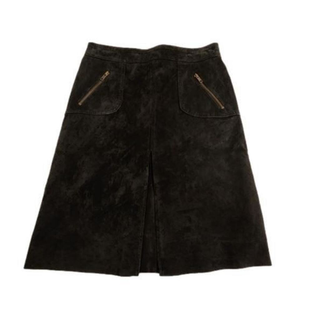 Context Vintage Suede A-Line Midi Skirt Black Zip Pockets Front Slit High Waist